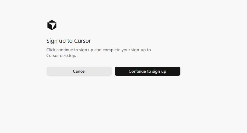 Окно «Sign up to Cursor» с кнопкой Continue to sign up