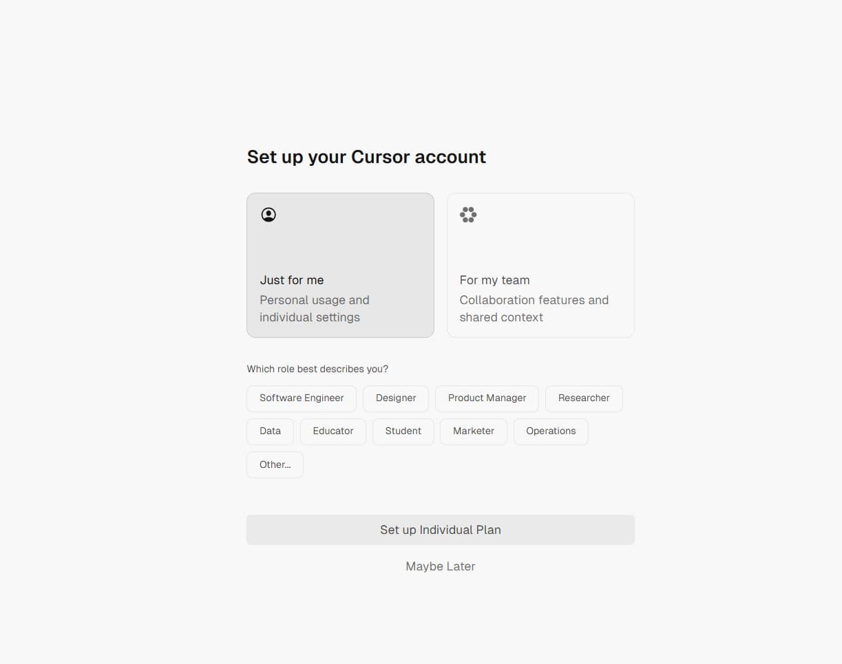 Экран «Set up your Cursor account»