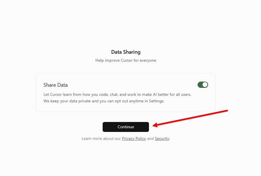 Экран «Data Sharing» с переключателем