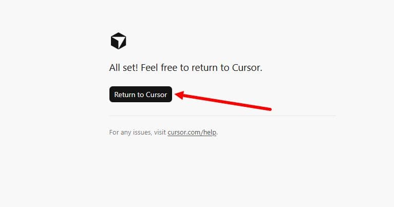 Экран «All set! Feel free to return to Cursor»
