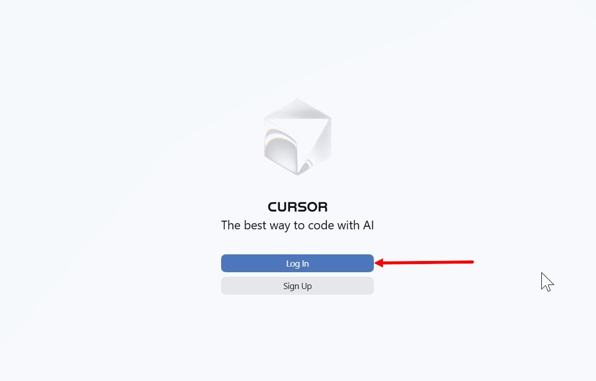 Стартовый экран Cursor с кнопкой Log In (синяя)