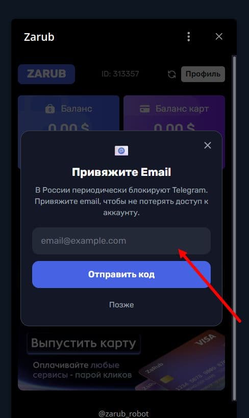 Окно «Привяжите Email» в кошельке