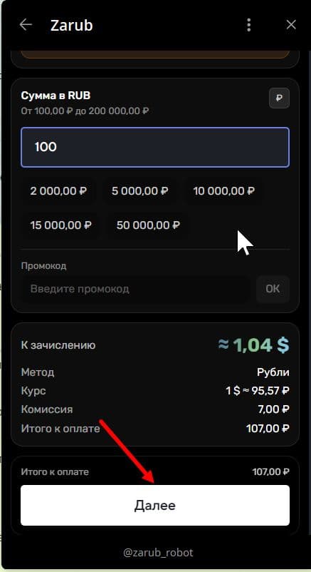 Ввод суммы 100 рублей
