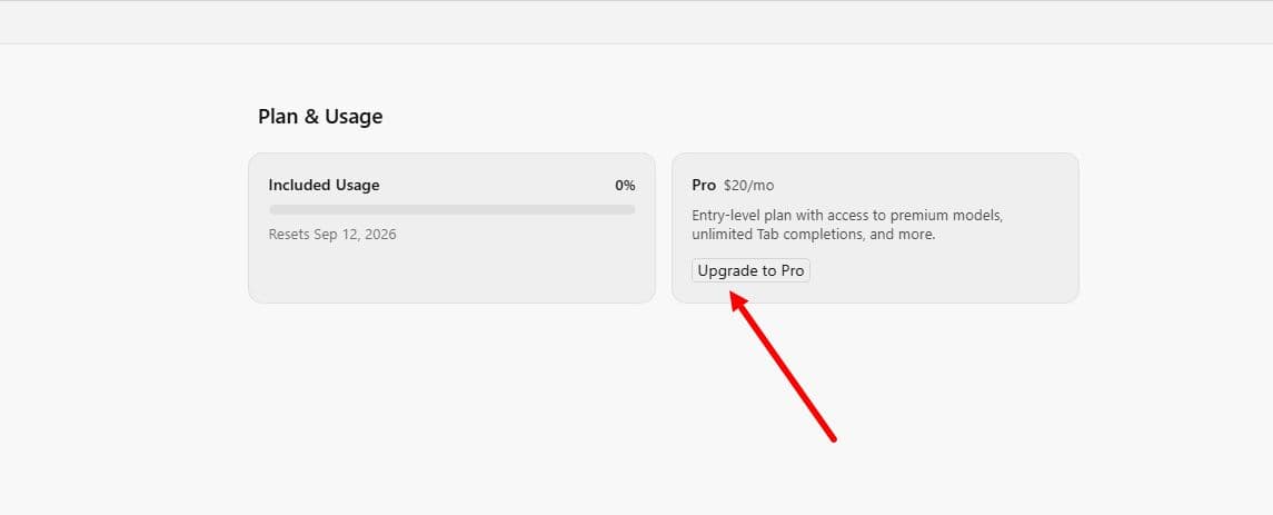 Экран «Plan & Usage», кнопка «Upgrade to Pro» со стрелкой