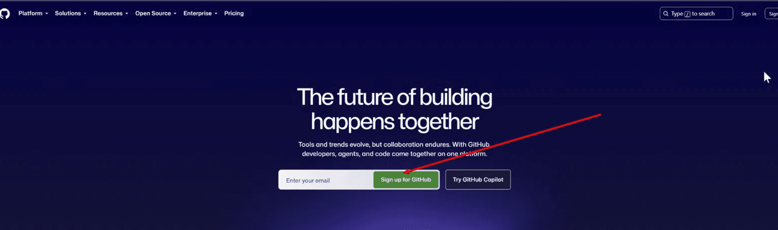 Главная GitHub, зелёная кнопка «Sign up for GitHub»