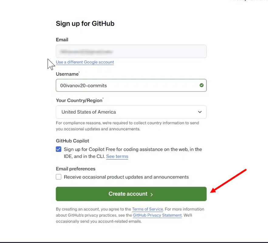 Форма с полем Username, кнопка «Create account»