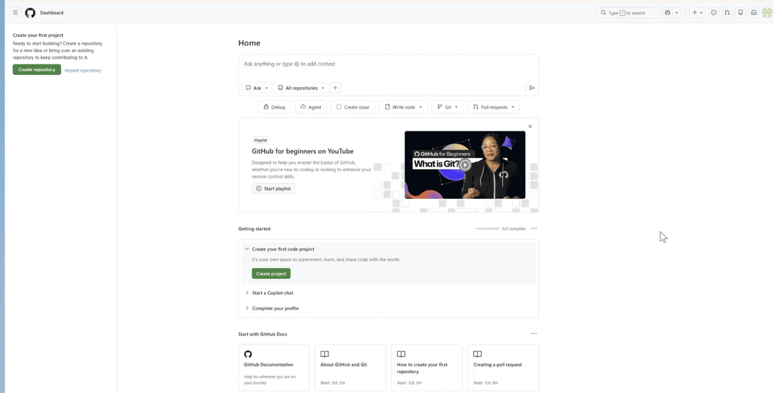 Главная страница GitHub после регистрации